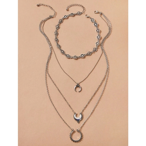 Silver Tone Horn Charm Layered Necklace and Choker - Picture 2 of 3